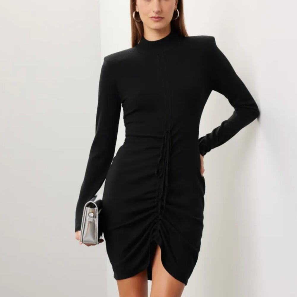 Ronny Kobo Black Sweater Mini Dress LARGE Ruched Knit Long Sleeve Cocktail $300